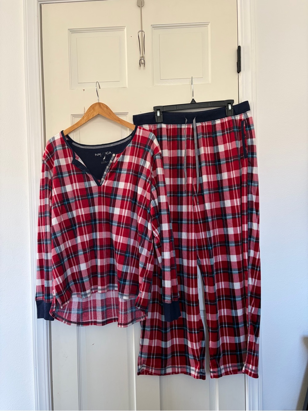 Nautica Women’s Red and Navy Plaid Two-Piece Pajama Set